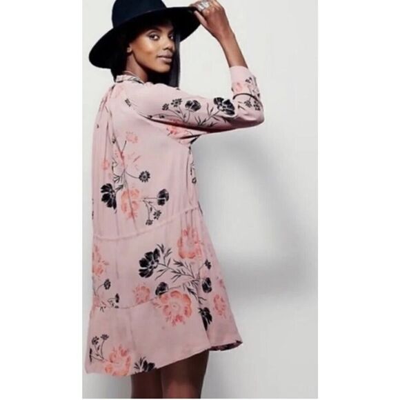 Free People Lena Mini Dress Floral Print Rose Black Red Drawstring Waist sz Smal - Picture 9 of 10
